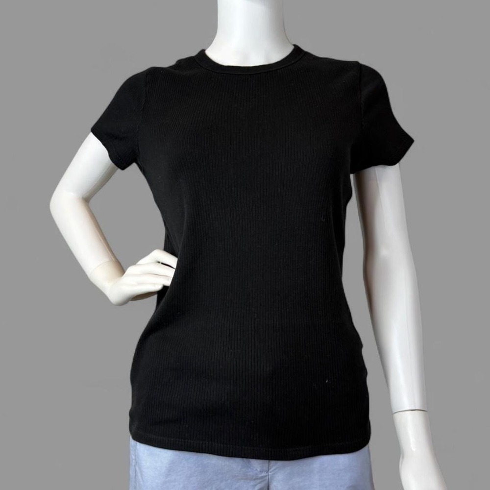 Uniqlo Women L Black Ribbed Crew Neck Short Sleeve Stretch T-Shirt 413996